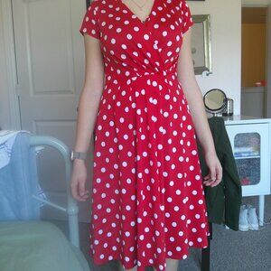 Red with white polka dot dress